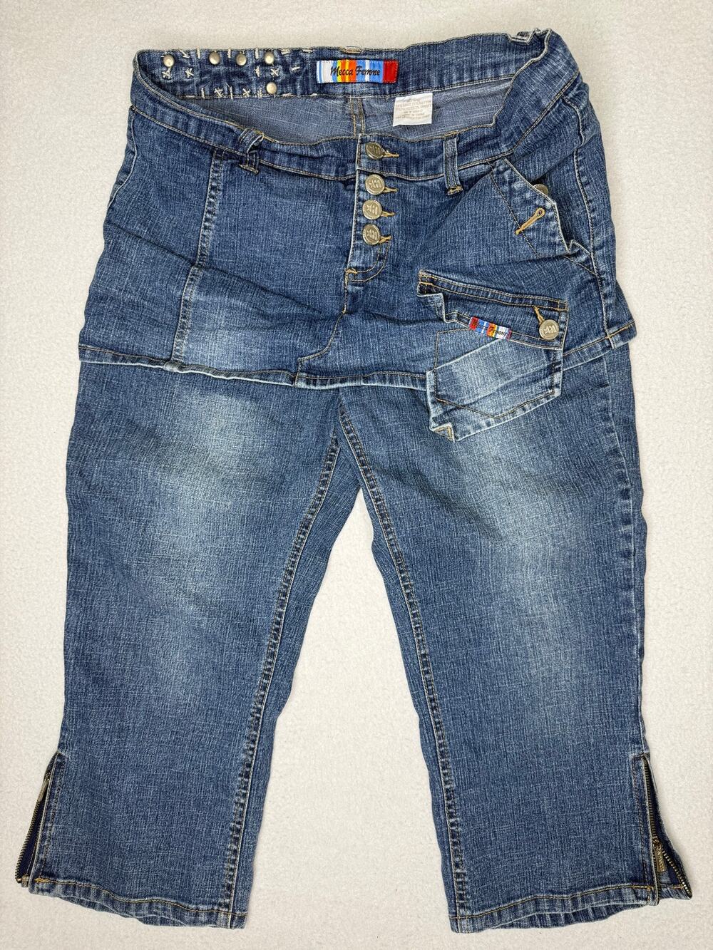 Vintage Y2K Mecca Femme Skirt Overlay Cargo Capri Jeans Zip Hem Size 11/12
